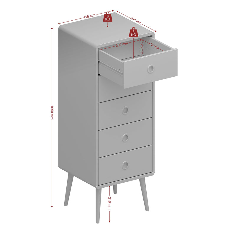 FTG Chest Of Drawers Softline 5 Drawer Narrow Chest Grey Bed Kings