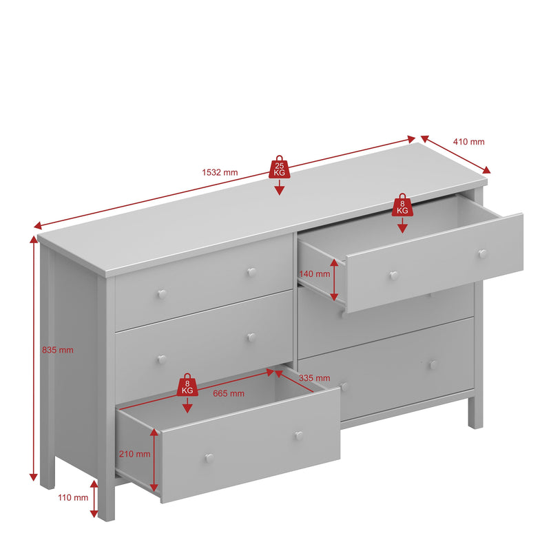 FTG Chest Of Drawers Tromso 3 + 3 Wide Chest Grey Bed Kings