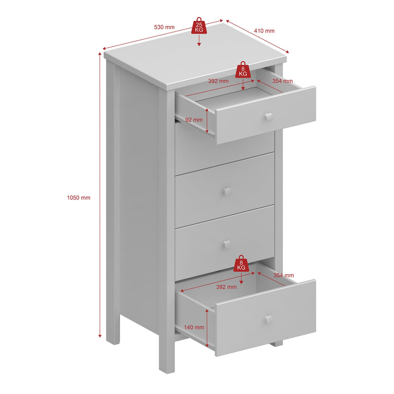 FTG Chest Of Drawers Tromso 5 Drawer Narrow Chest Off White Bed Kings