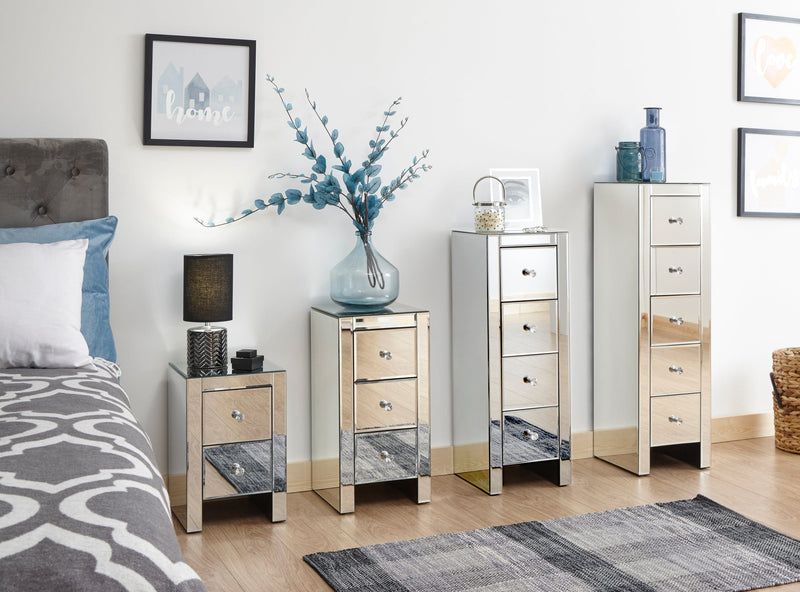 GFW Chest Of Drawers Mirrored 2 Drawer Slim Chest Clear Glass Bed Kings