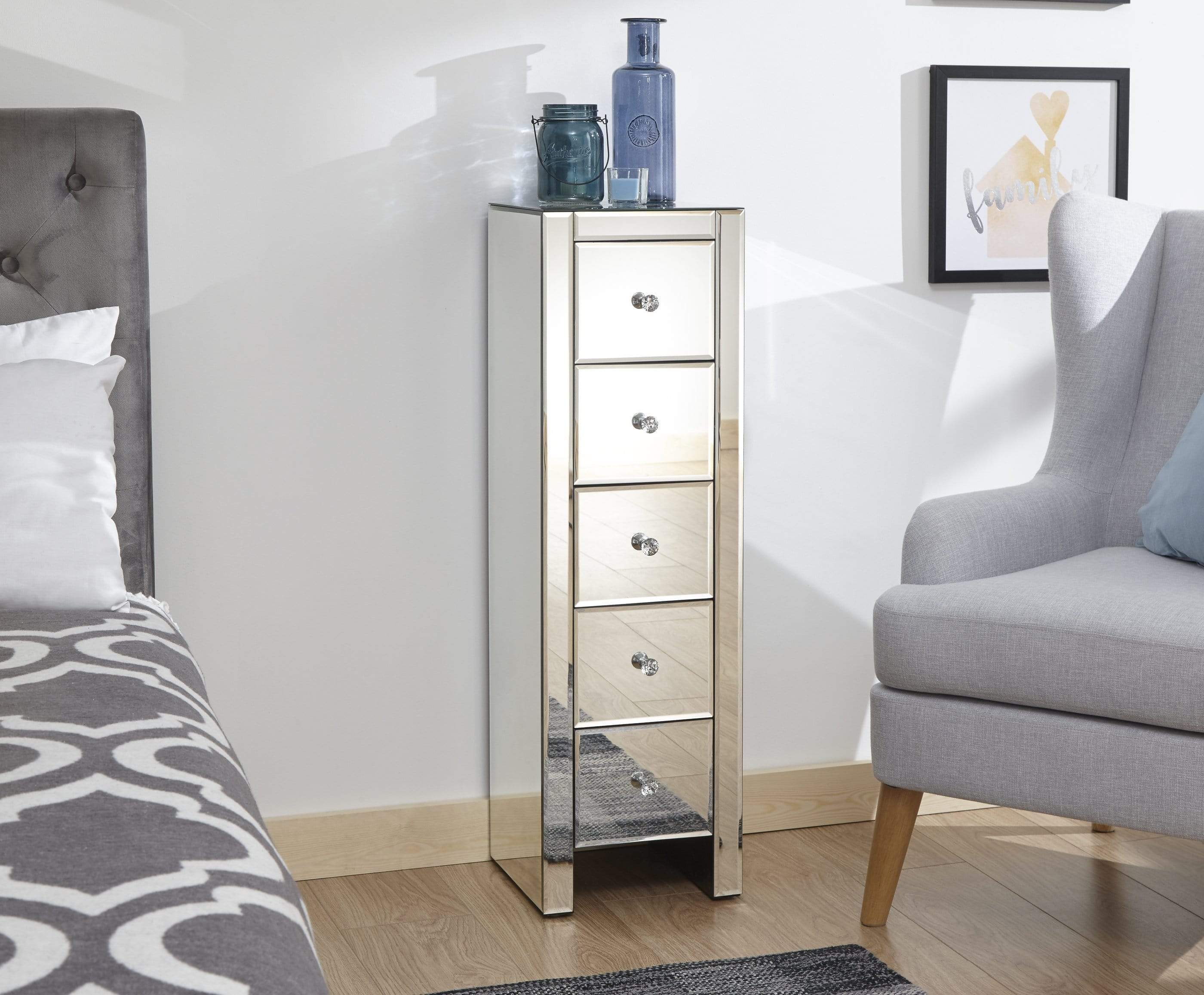 Mirrored 5 Drawer Slim Chest Clear Glass