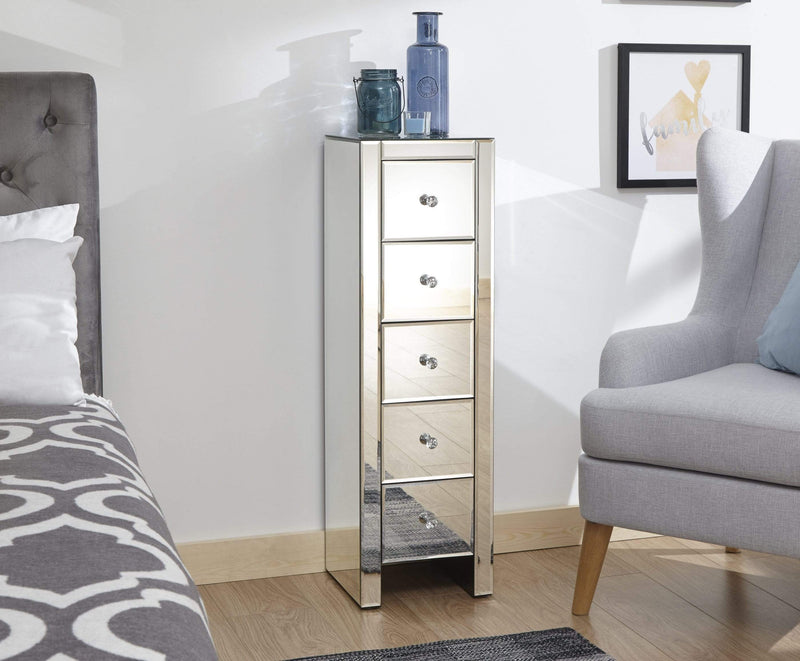 GFW Chest Of Drawers Mirrored 5 Drawer Slim Chest Clear Glass Bed Kings