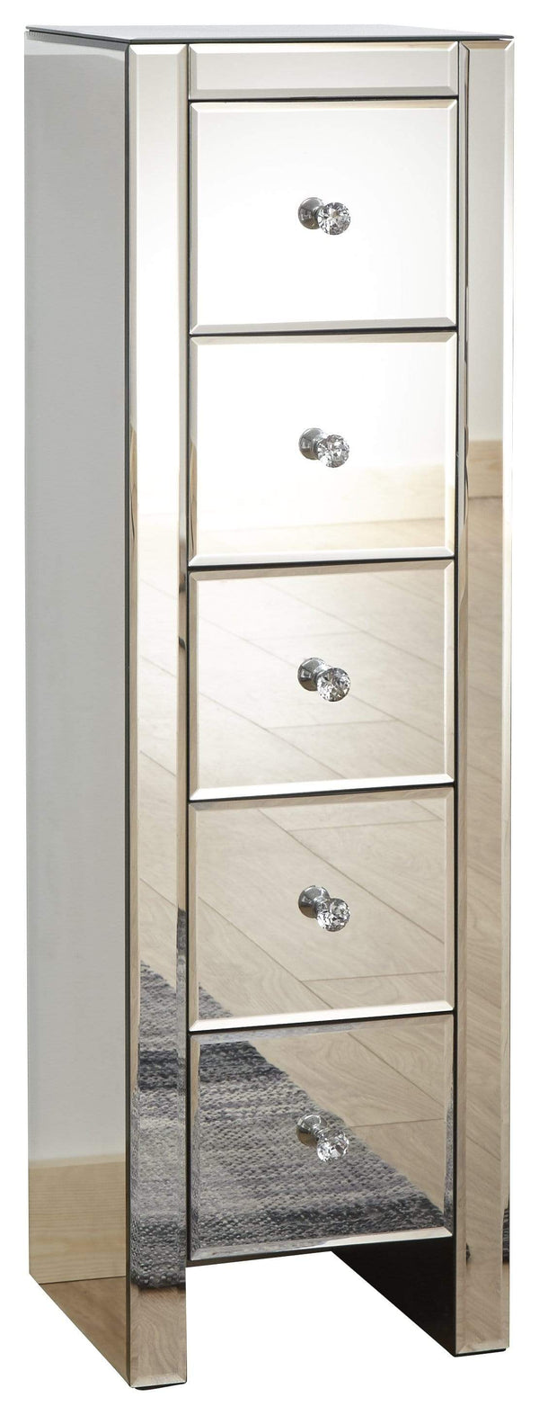 GFW Chest Of Drawers Mirrored 5 Drawer Slim Chest Clear Glass Bed Kings