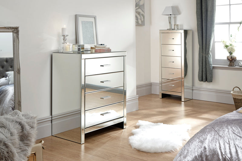 GFW Chest Of Drawers Venetian 4 Drawer Chest Clear Mirror Finish Bed Kings