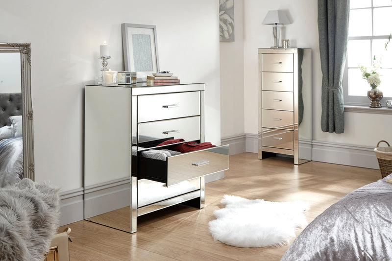 GFW Chest Of Drawers Venetian 4 Drawer Chest Clear Mirror Finish Bed Kings