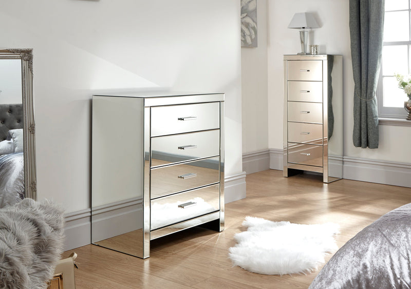 GFW Chest Of Drawers Venetian 4 Drawer Chest Clear Mirror Finish Bed Kings
