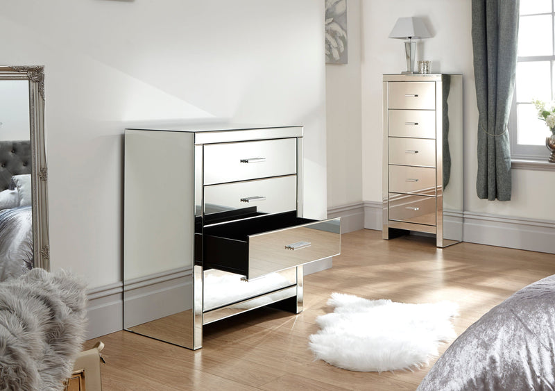 GFW Chest Of Drawers Venetian 4 Drawer Chest Clear Mirror Finish Bed Kings