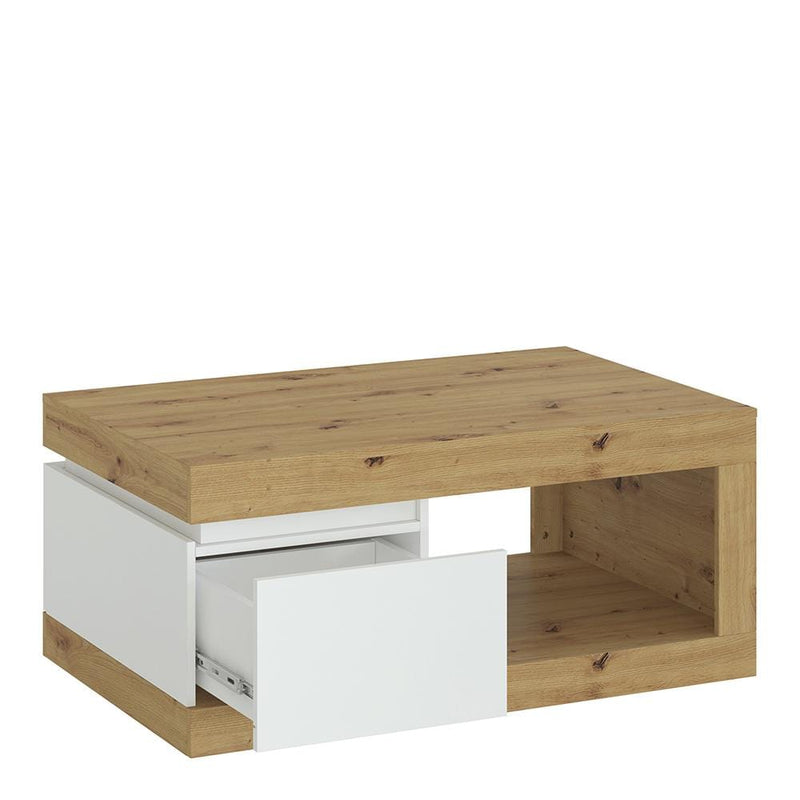 FTG Coffee Table Luci Bright - Luci 1 drawer coffee table in White and Oak Bed Kings