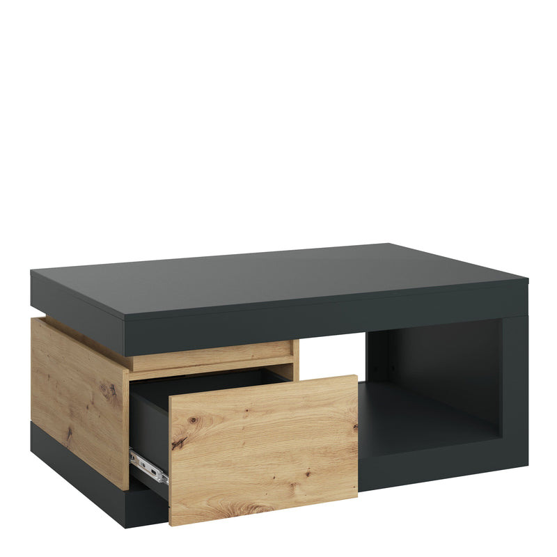 FTG Coffee Table Luci Dark - Luci 1 drawer coffee table in Platinum and Oak Bed Kings
