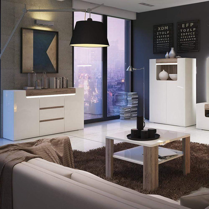 FTG Coffee Table Toronto - Coffee Table with shelf - White High Gloss with San Remo Oak inset Bed Kings
