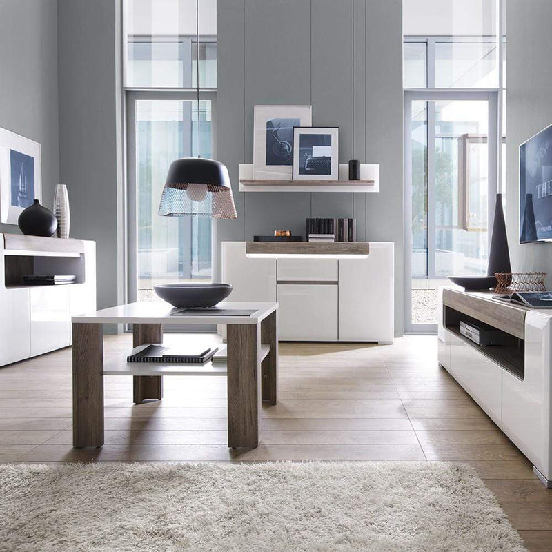 FTG Coffee Table Toronto - Coffee Table with shelf - White High Gloss with San Remo Oak inset Bed Kings
