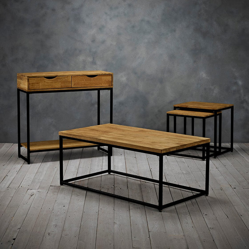 LPD Coffee Table Mirelle Coffee Table Solid Oak Black Metal Frame Bed Kings