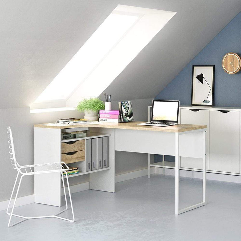 FTG Desk Function Plus - Corner Desk 2 Drawers in White and Oak Bed Kings