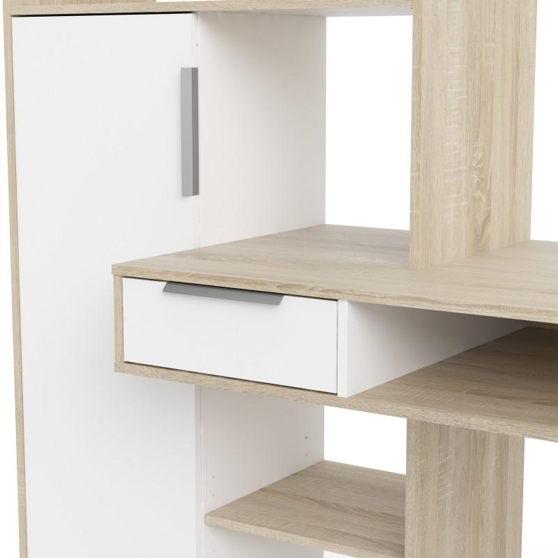 FTG Desk Function Plus Desk multi-functional Desk with Drawer and 1 Door in White and Oak Bed Kings