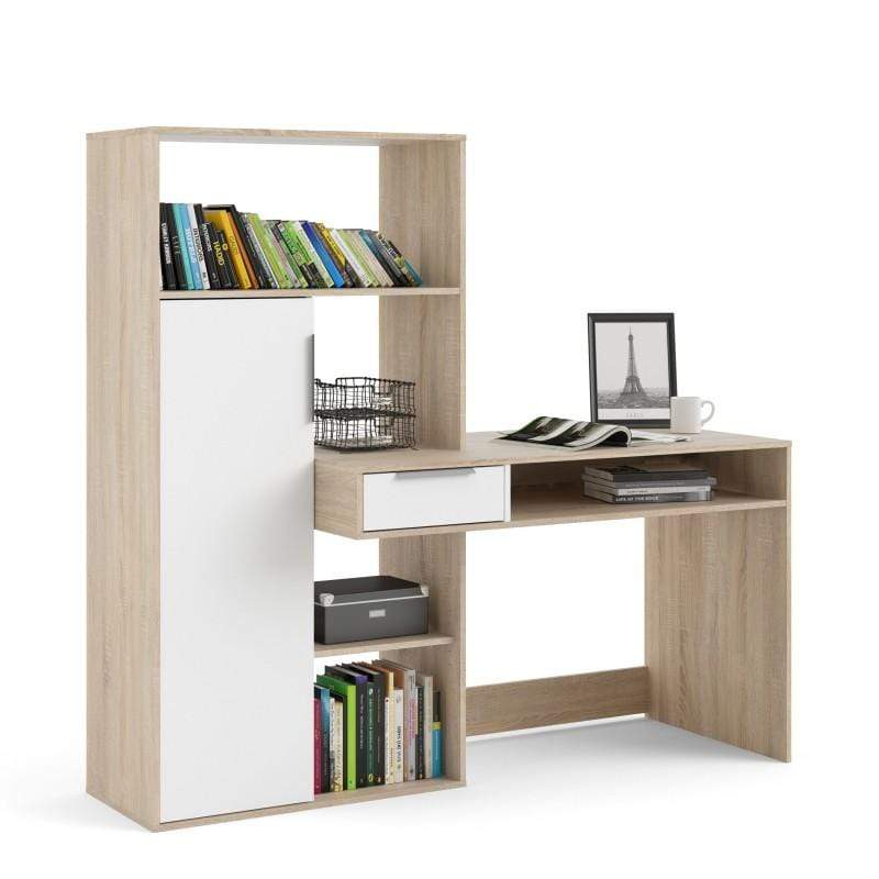 FTG Desk Function Plus Desk multi-functional Desk with Drawer and 1 Door in White and Oak Bed Kings