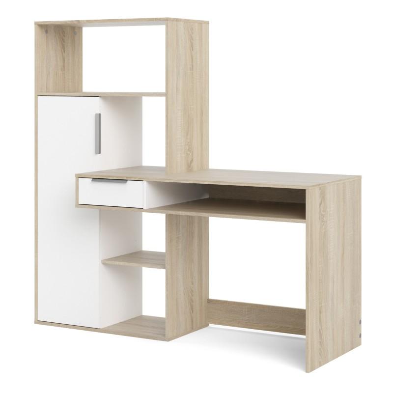 FTG Desk Function Plus Desk multi-functional Desk with Drawer and 1 Door in White and Oak Bed Kings