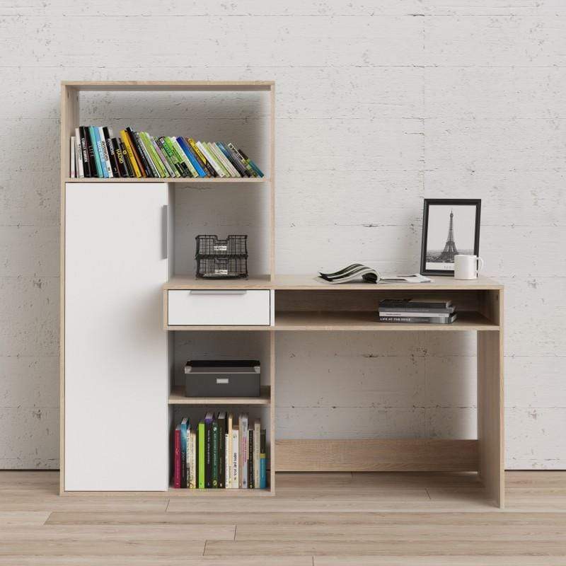 FTG Desk Function Plus Desk multi-functional Desk with Drawer and 1 Door in White and Oak Bed Kings