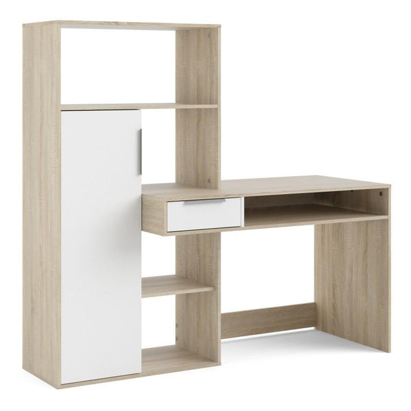 FTG Desk Function Plus Desk multi-functional Desk with Drawer and 1 Door in White and Oak Bed Kings