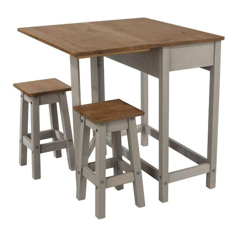 Core Products Dining Set Corona Grey - Breakfast Drop Leaf Table & 2 Stools Set - Grey Wax/Antique Waxed Pine Bed Kings