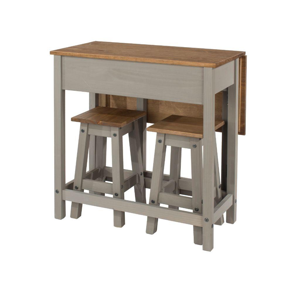 Core Products Dining Set Corona Grey - Breakfast Drop Leaf Table & 2 Stools Set - Grey Wax/Antique Waxed Pine Bed Kings