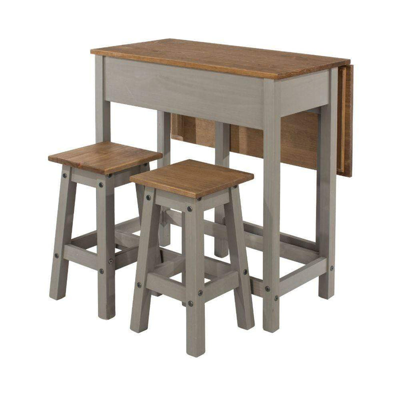 Core Products Dining Set Corona Grey - Breakfast Drop Leaf Table & 2 Stools Set - Grey Wax/Antique Waxed Pine Bed Kings