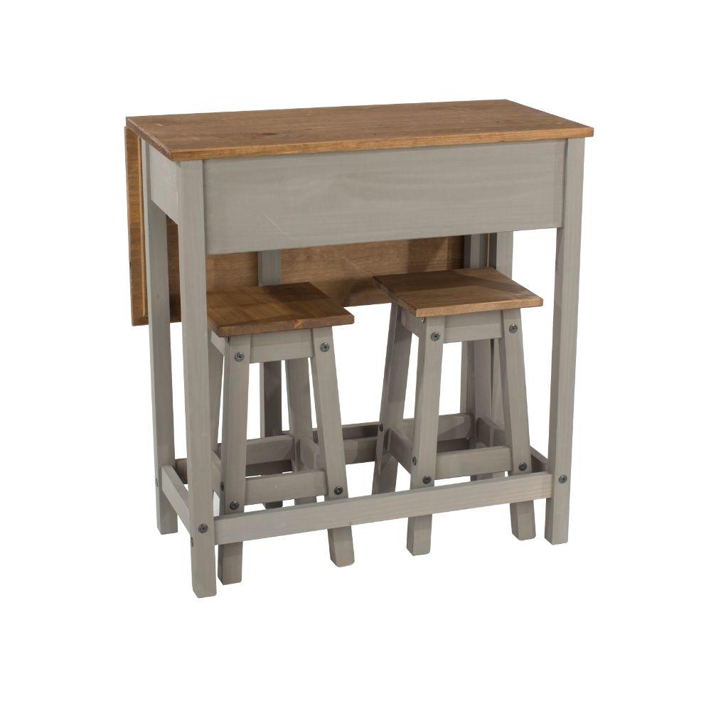Core Products Dining Set Corona Grey - Breakfast Drop Leaf Table & 2 Stools Set - Grey Wax/Antique Waxed Pine Bed Kings