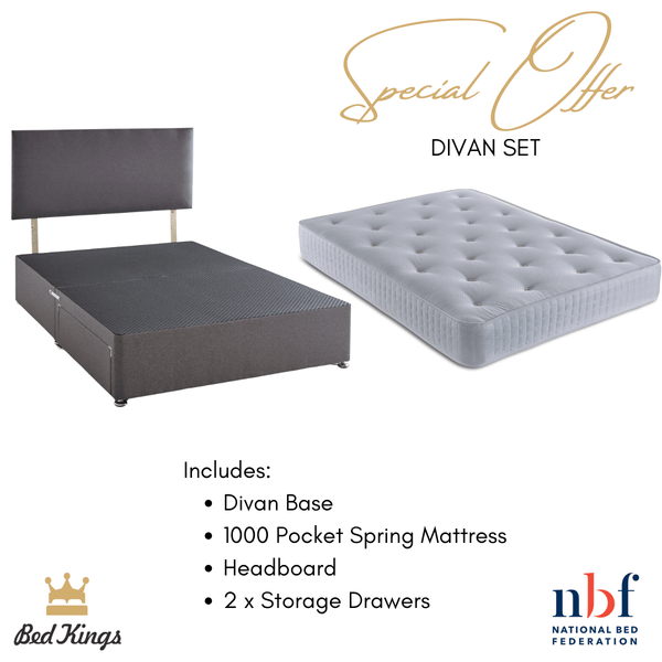 Bed Kings Fabric Bed Pocket Spring Divan Bed Set - includes Mattress & Headboard & 2 Drawers Bed Kings