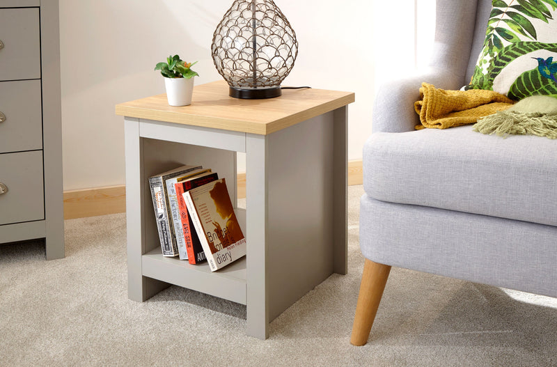 GFW Lamp Table Lancaster Side Table With Shelf Grey Bed Kings