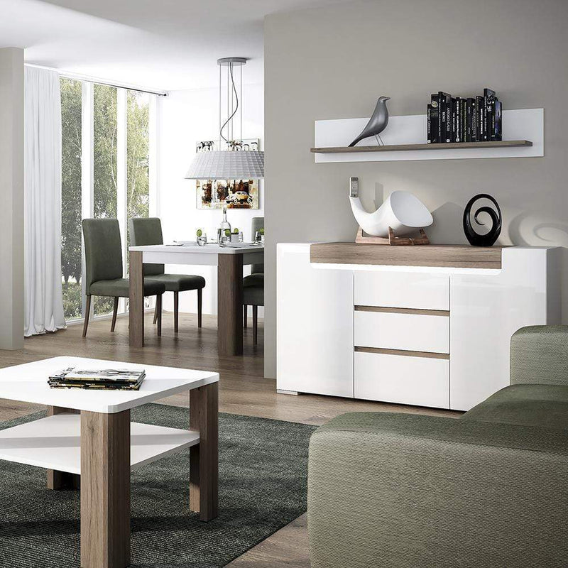 FTG Shelving Unit Toronto - 125cm Wall shelf - White High Gloss with San Remo Oak inset Bed Kings