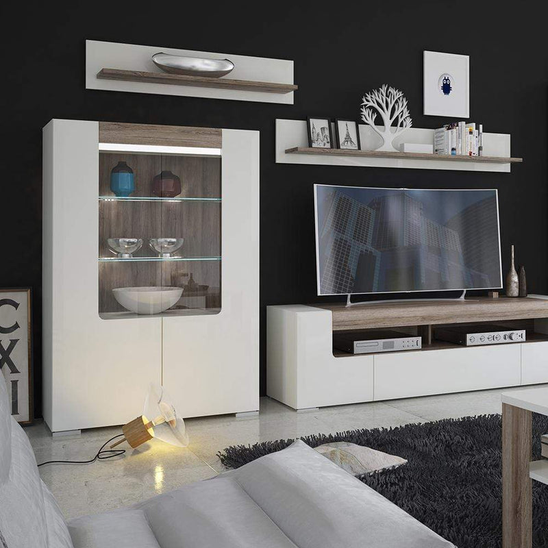 FTG Shelving Unit Toronto - 125cm Wall shelf - White High Gloss with San Remo Oak inset Bed Kings