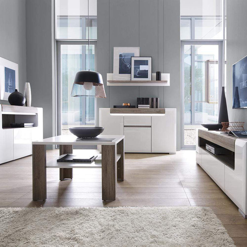 FTG Shelving Unit Toronto - 125cm Wall shelf - White High Gloss with San Remo Oak inset Bed Kings