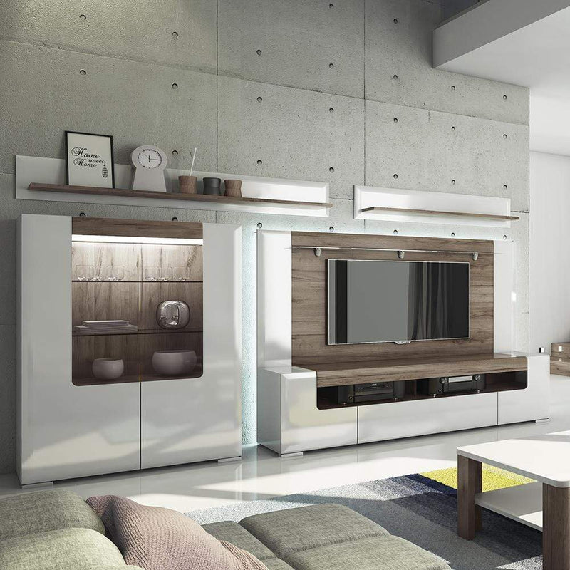 FTG Shelving Unit Toronto - 125cm Wall shelf - White High Gloss with San Remo Oak inset Bed Kings