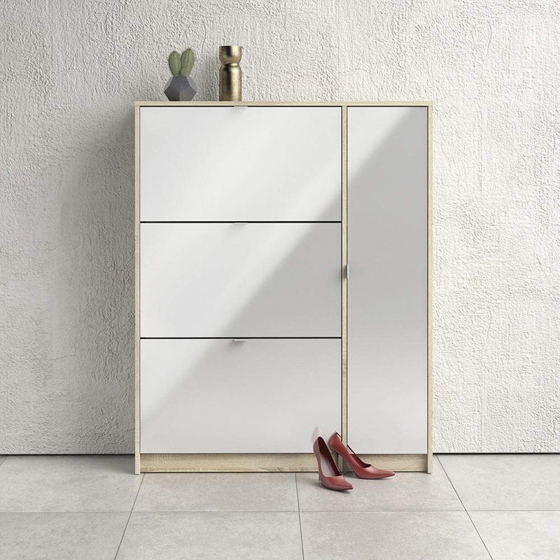 FTG Shoe Cabinet Shoe cabinet with 3 tilting doors and 2 layers +  1 door - Oak structure White high gloss Bed Kings