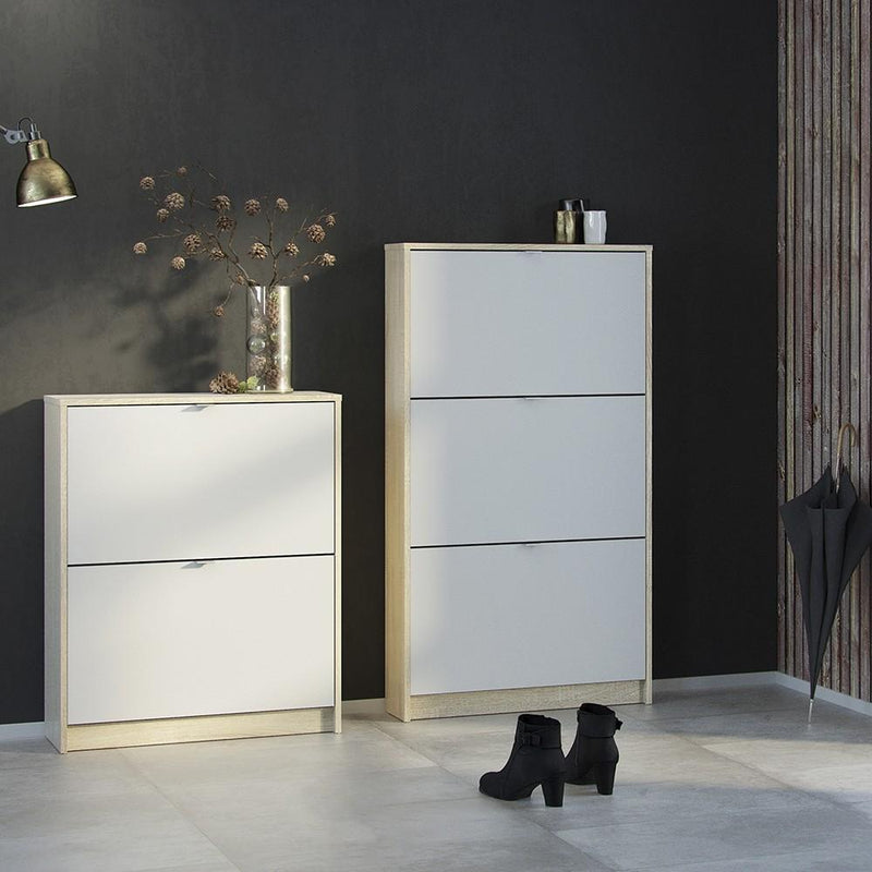 FTG Shoe Cabinet Shoe cabinet  with 3 tilting doors and 2 layers - Oak structure White Bed Kings