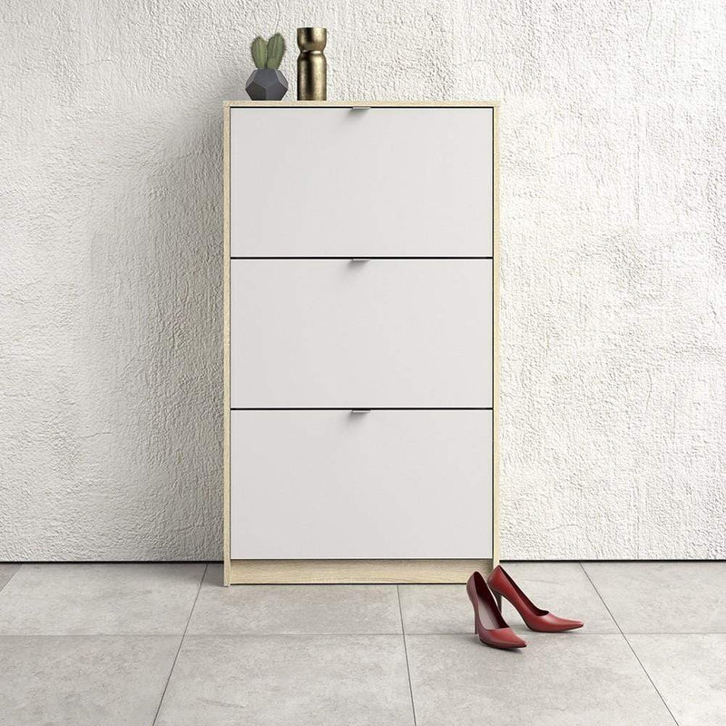 FTG Shoe Cabinet Shoe cabinet  with 3 tilting doors and 2 layers - Oak structure White Bed Kings