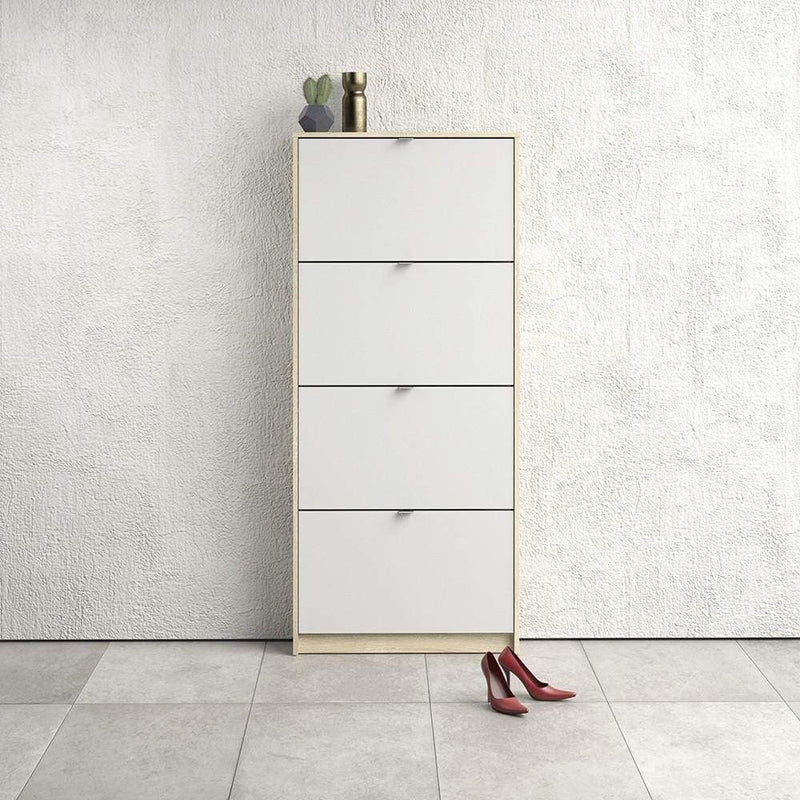 FTG Shoe Cabinet Shoe cabinet  with 4 tilting doors and 1 layer - Oak structure White Bed Kings
