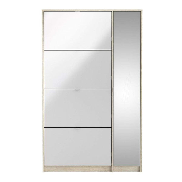 FTG Shoe Cabinet Shoe cabinet with 4 tilting doors and 2 layers +  1 mirror door - Oak structure White high gloss Bed Kings