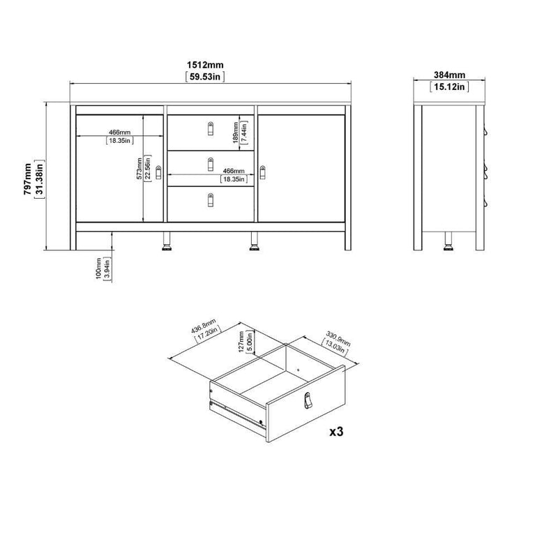 FTG Sideboard Barcelona Sideboard 2 Doors + 3 Drawers In White Bed Kings