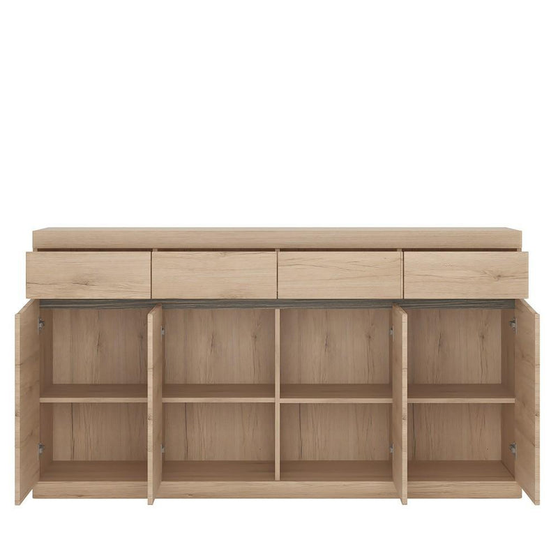 FTG Sideboard Kensington Wide 4 Drawer 4 door Sideboard Oak with dark Trim Melamine Bed Kings