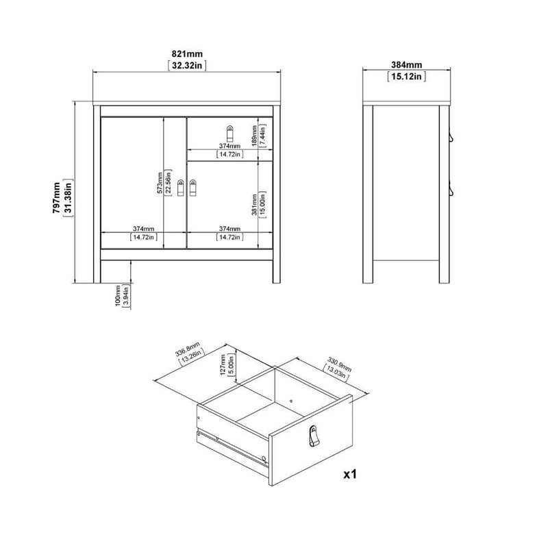 FTG Sideboard Madrid Sideboard 2 Doors + 1 Drawer In White Bed Kings