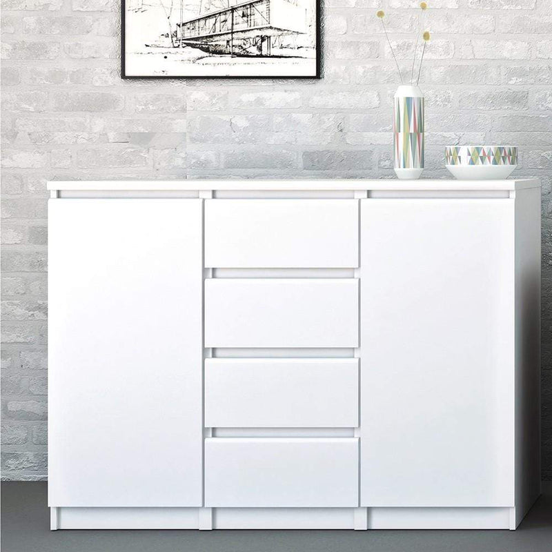 FTG Sideboard Naia Sideboard - 4 Drawers 2 Doors in White High Gloss Bed Kings