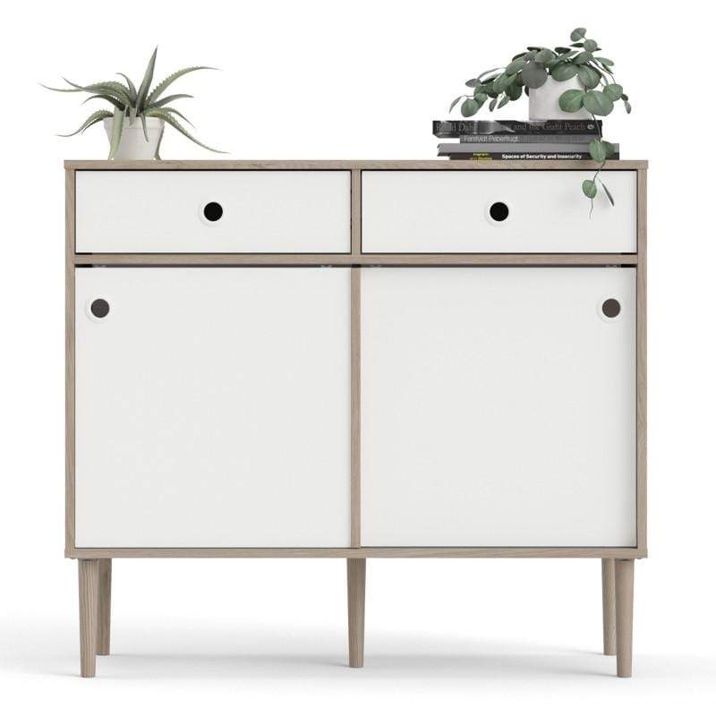 FTG Sideboard Rome Sideboard 2 Sliding Doors + 2 Drawers in Jackson Hickory Oak with Matt White Bed Kings