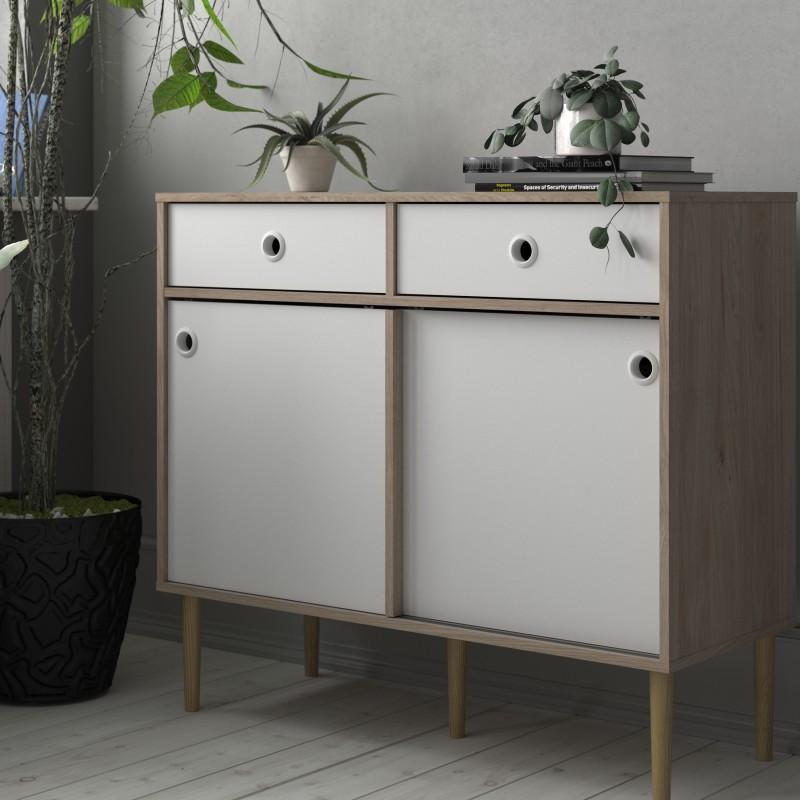 FTG Sideboard Rome Sideboard 2 Sliding Doors + 2 Drawers in Jackson Hickory Oak with Matt White Bed Kings