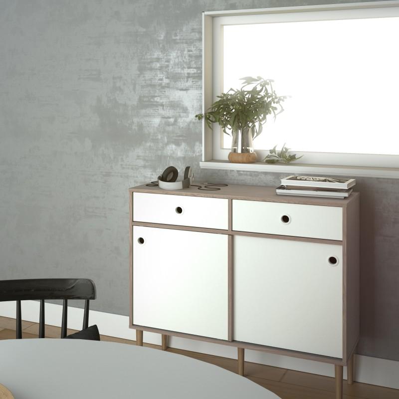 FTG Sideboard Rome Sideboard 2 Sliding Doors + 2 Drawers in Jackson Hickory Oak with Matt White Bed Kings