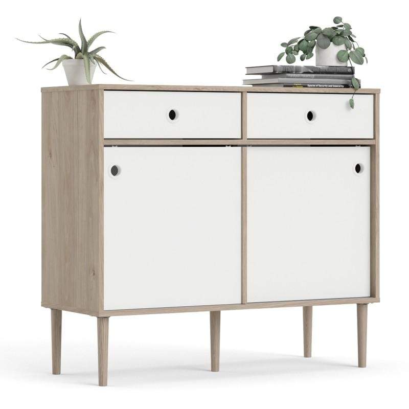 FTG Sideboard Rome Sideboard 2 Sliding Doors + 2 Drawers in Jackson Hickory Oak with Matt White Bed Kings