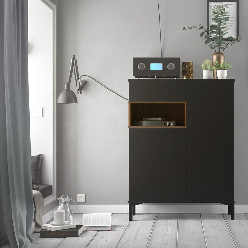FTG Sideboard Roomers Sideboard 2 Drawers 1 Door in Black and Walnut Bed Kings