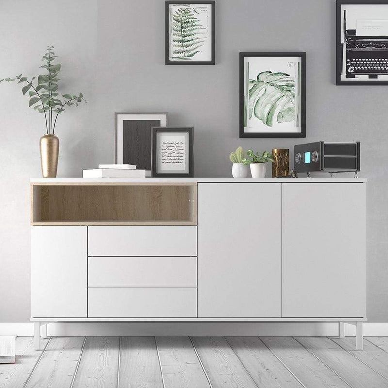 FTG Sideboard Roomers Sideboard 3 Drawers 3 Doors in White and Oak Bed Kings