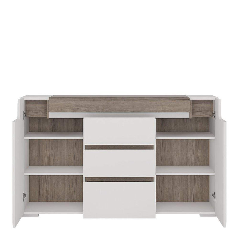 FTG Sideboard Toronto 2 Door 3 Drawer Sideboard (inc Plexi Lighting) White High Gloss with San Remo Oak inset Bed Kings