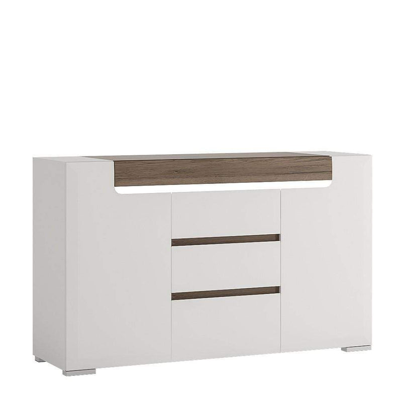 FTG Sideboard Toronto 2 Door 3 Drawer Sideboard (inc Plexi Lighting) White High Gloss with San Remo Oak inset Bed Kings