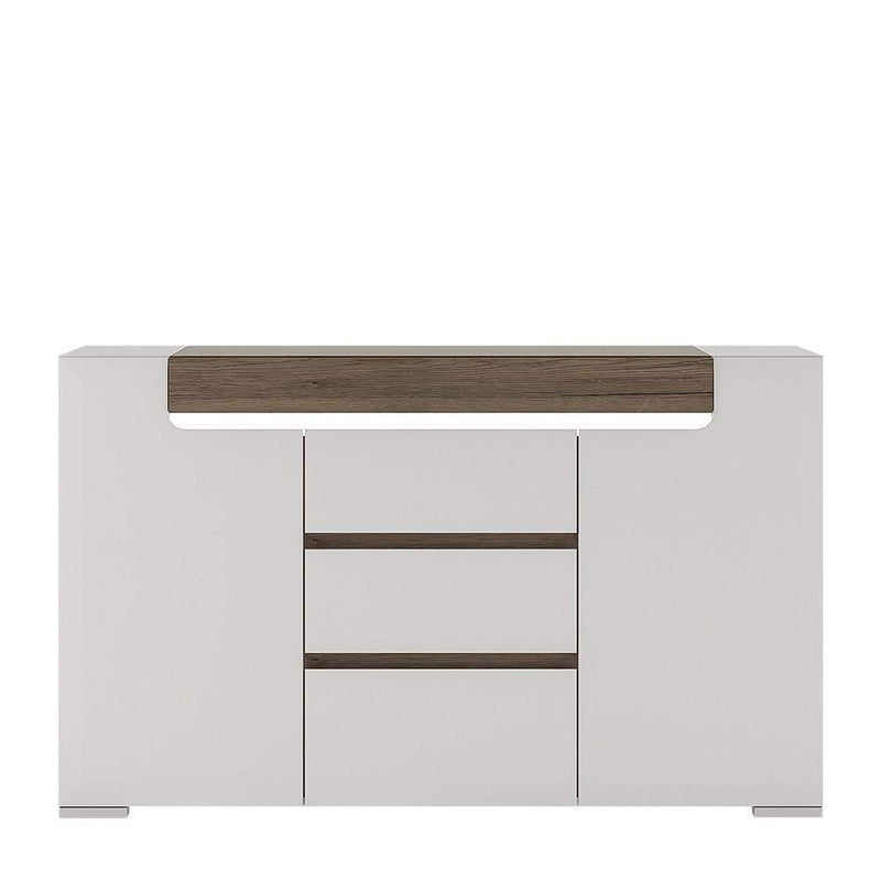 FTG Sideboard Toronto 2 Door 3 Drawer Sideboard (inc Plexi Lighting) White High Gloss with San Remo Oak inset Bed Kings